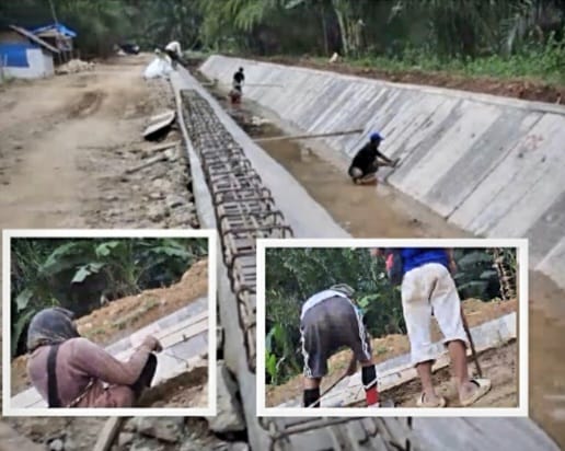 Tampak pekerja proyek rehabilitasi Daerah Irigasi (DI) Panti - Rao (PSL 3) tidak dilengkapi dengan Kesehatan dan Keselamatan Kerja (K3) pelindung diri seperti topi standar, dan sepatu standar dan lainnya, Jum'at (11/8/23).