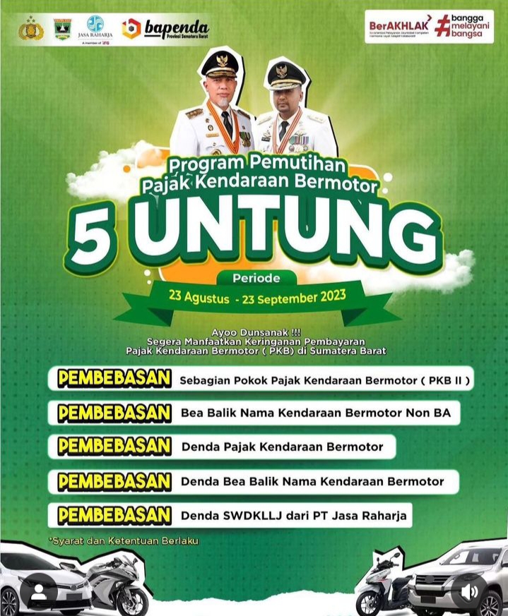 Pemprov Sumbar Luncurkan Program Pemutihan Pajak Kendaraan Bermotor: Program 5 Untung Menanti Warga Sumatra Barat/doc.mahyeldisp