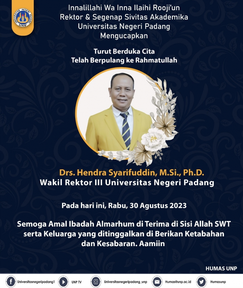 Wakil Rektor III Universitas Negeri Padang, Drs. Hendra Syarifuddin, Meninggal Dunia/Doc.unp