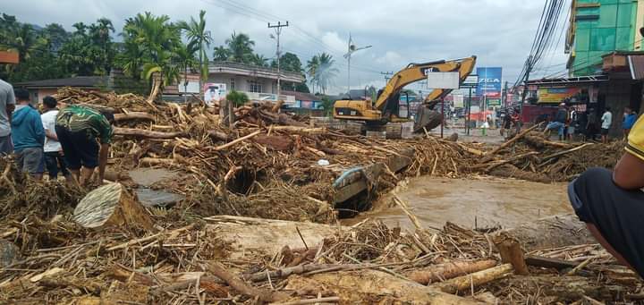 Tumpukan kayu pasca banjir pasaman